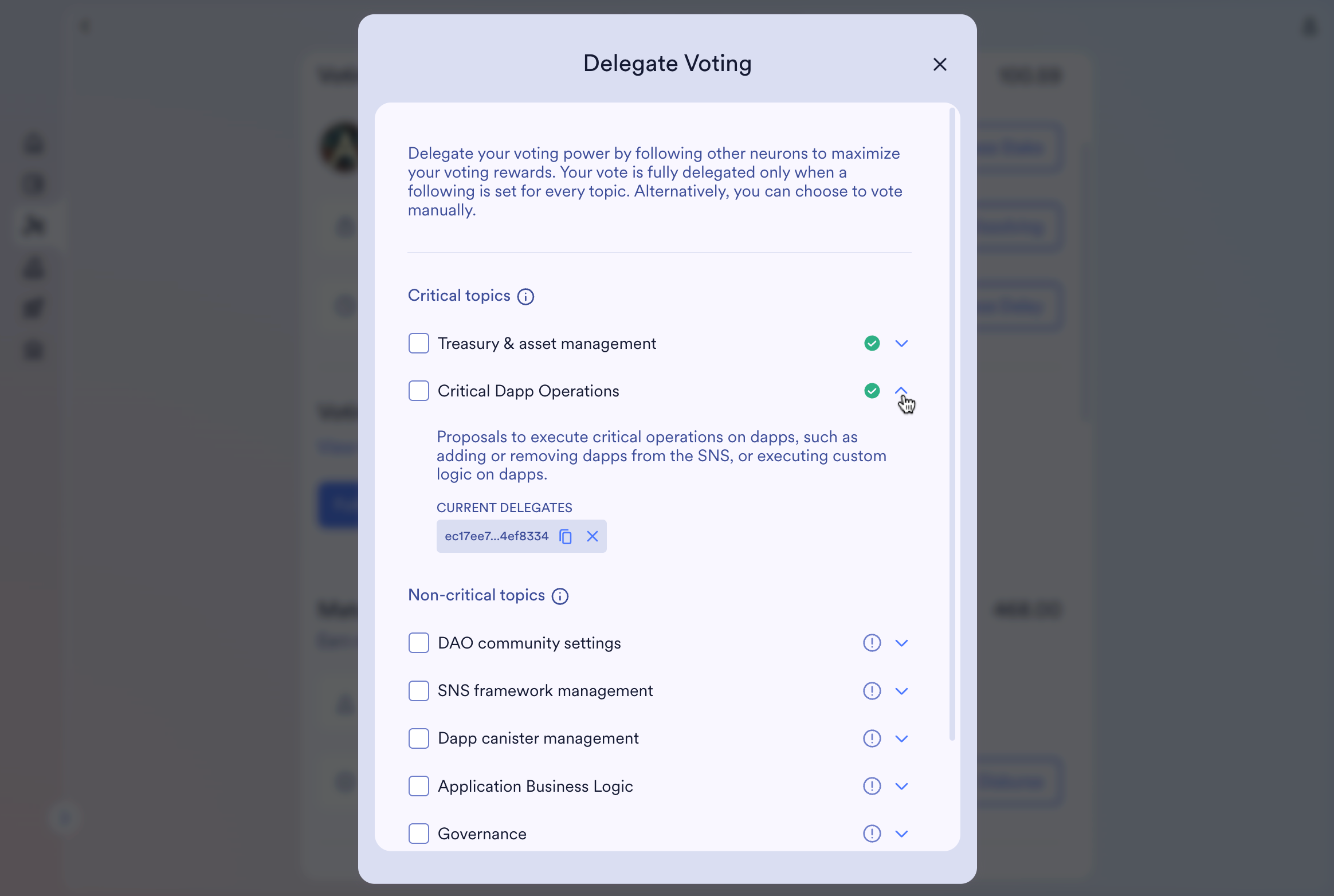 Delegate voting modal with followings